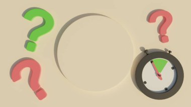 Sınav, soru, sıklıkla sorulan sorular. Kronometreyle ilgili soru işaretleri. 3B resimleme. 
