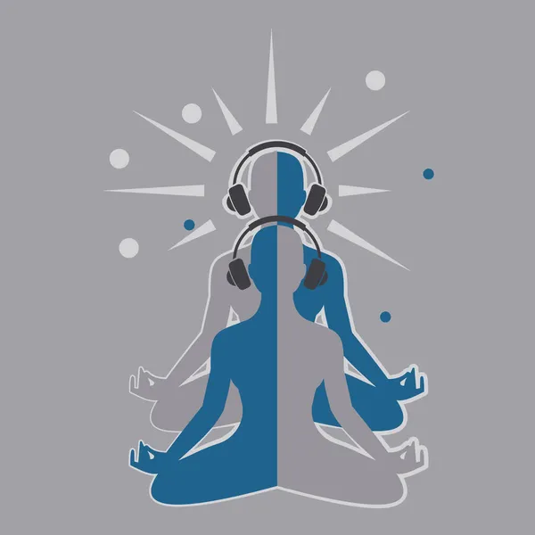 人間の姿をヘッドフォンで瞑想 近代的な瞑想技術 平面図 — ストックベクタ