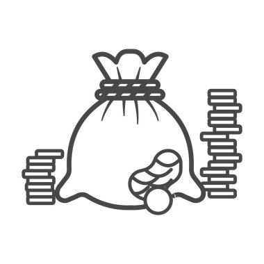 Yırtık para çantası, bozuk para ve para yığınları. Tasarruf, bankacılık, para, finans, kredi kavramı. İnce çizgi çizimi. Beyaz arkaplanda izole. 