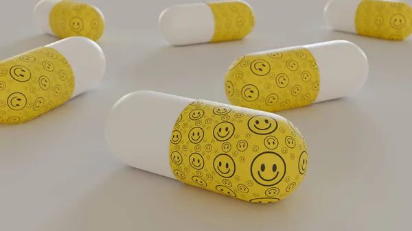Gülen Yüz Düz Yüzeyde Duran Ilaç Tabletleri Antidepresan Ilaç Konsepti — Stok fotoğraf