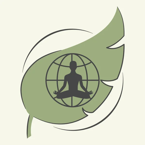 蓮の瞑想に座っている人間の姿は 地球と葉の中にポーズ アーユルヴェーダの概念 平面図 — ストックベクタ