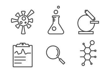 Laboratuvar simgesi ayarlandı. İnce çizgi çizimi. Beyaz arkaplanda izole. 