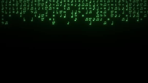Символы Зелёной Нотации Покрывают Чёрный Экран Анимация — стоковое видео