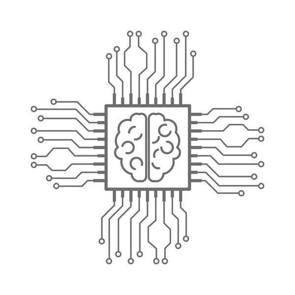 Menschliches Gehirn Einem Computerchip Künstliche Intelligenz Umriss Dünne Linie Flache — Stockvektor