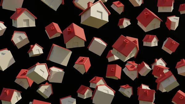 コテージスタイルの住宅黒の背景に空中にホバーします 不動産事業 住宅ローンの概念 3Dレンダリング図 — ストック写真