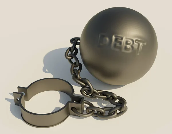 Heavy Iron ball with imprinted text DEBT attached to an open shackle with a strong chain.  Debt trap concept. 3D rendering illustration.