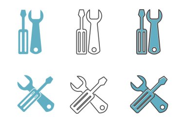 Anahtar ve tornavida simgesi seti. Düz biçim illüstrasyonu. 