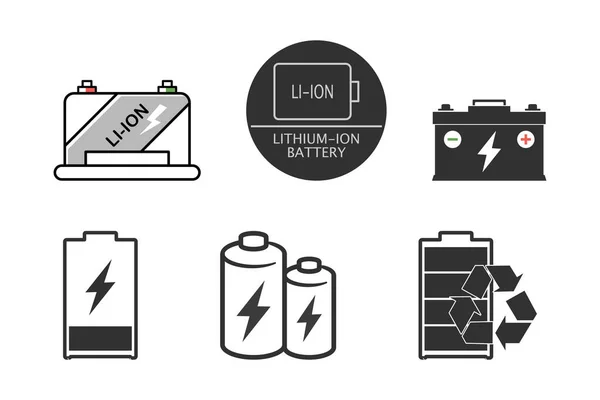 Ikona Lithium Iontové Baterie Nastavena Ilustrace Plochého Stylu — Stockový vektor