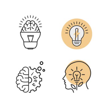 Fikir, yaratıcılık, yenilik kavramı. Yaratıcı çözümler. Taslak düz stil simgeleri. Beyaz arkaplanda izole. 