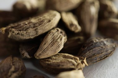 Black cardamom or Amomum subulatum macro shot. Close up.