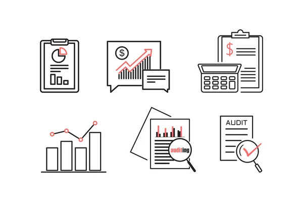Audit Financial Analysis Icon Set Outline Thin Line Flat Style — Stockový vektor