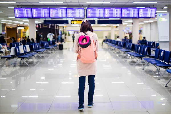 Back View Woman Tourist Pink Backpack Walking Airport Terminal — Stock Photo, Image
