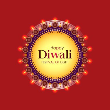 Mutlu Diwali Hint Festivali. Kestane rengi arka planda yanan gaz lambalarının güzel dekorasyonuyla karşılanıyor..