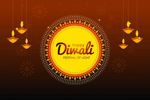 Illustration Happy Diwali Festival Hanging Oil Lamps Diya Dark Brown — Stock Vector