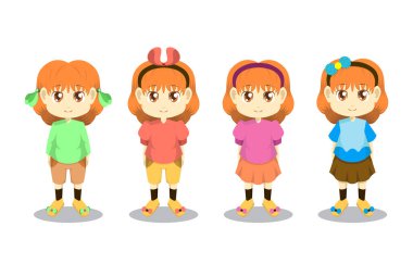 Küçük Kız Çocuk Ayakta Duran Kıyafetler Saç Vektörü Çizgi Filmi