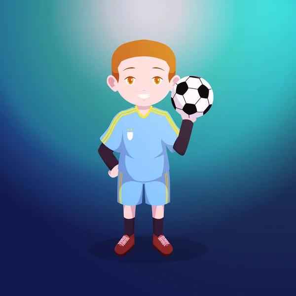 Little Boy Child Kid Standing Ball Football Soccer Vector Cartoon — Stock Vector