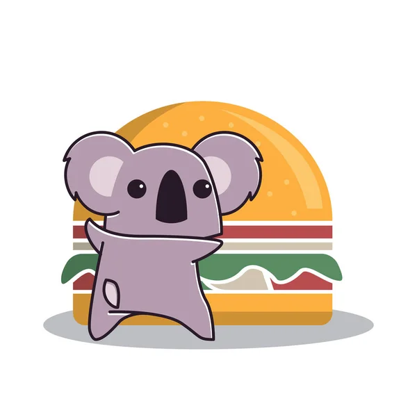 Adorável Koala Comer Comida Big Burger Animal Flat Caráter Dos — Vetor de Stock