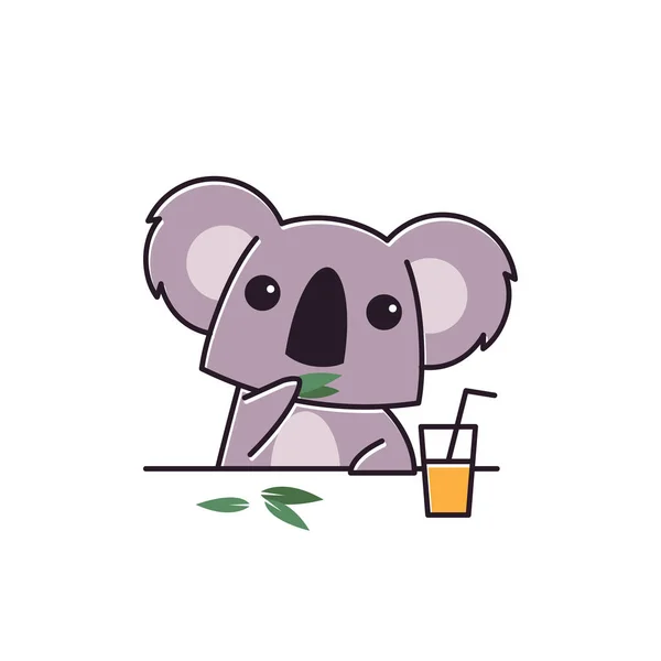 Rozkošné Koala Jíst Jídlo Eucalyptus Drink Animal Flat Cartoon Charakter — Stockový vektor