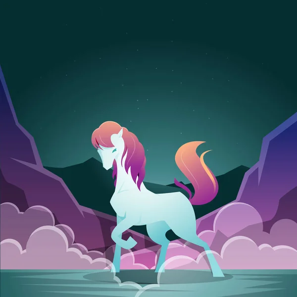 Belo Longo Cabelo Cavalo Mare Foggy Valley Noite Fantasia Ilustração — Vetor de Stock