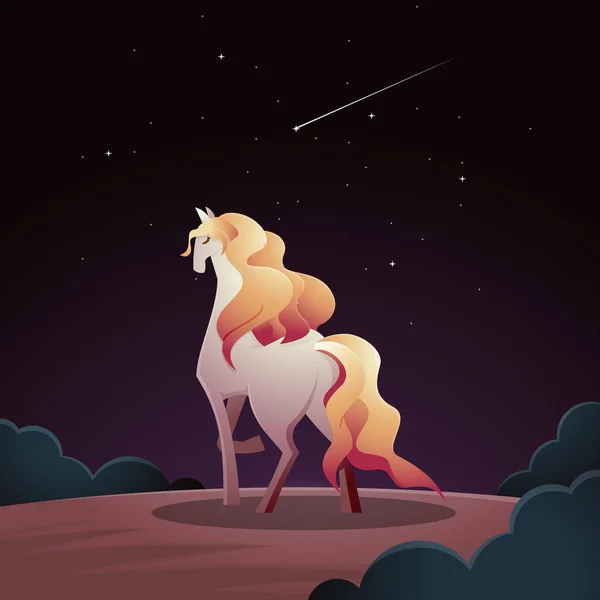 Indah Long Hair Horse Mare Standing Night Shooting Star Fantasy - Stok Vektor