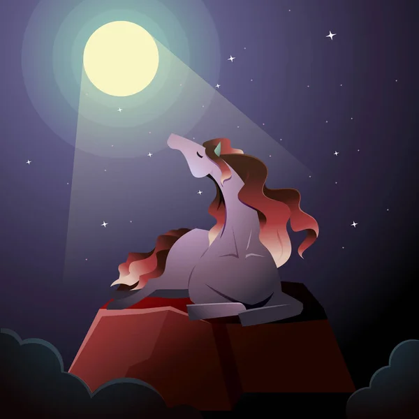 Beautiful Long Hair Horse Mare Sit Lying Moon Light Fantasy - Stok Vektor