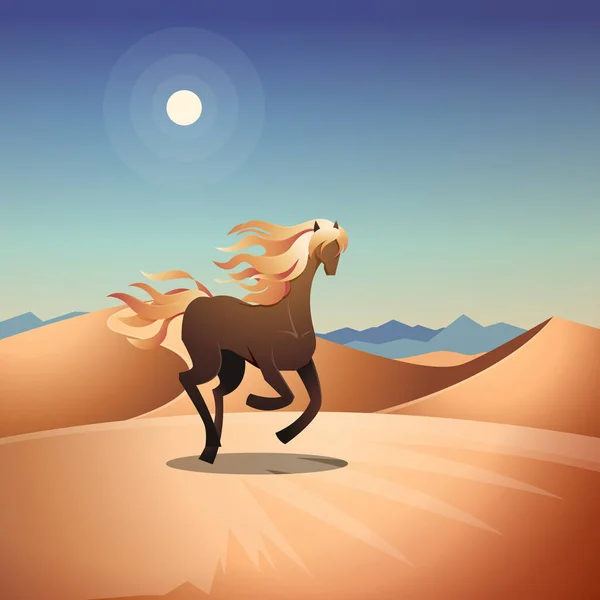 Indah Long Hair Horse Mare Run Fast Desert Fantasy Illustration - Stok Vektor