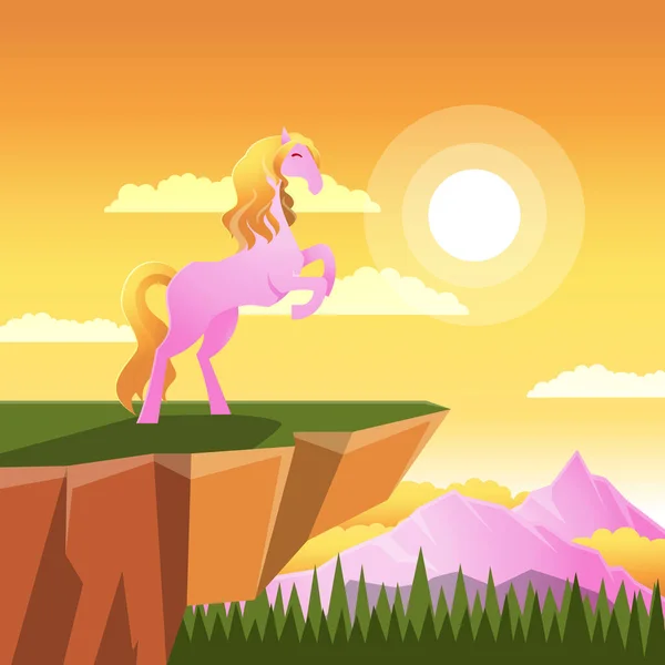 Vacker Long Hair Horse Mare Prancing Klippan Morgon Soluppgång Fantasy — Stock vektor