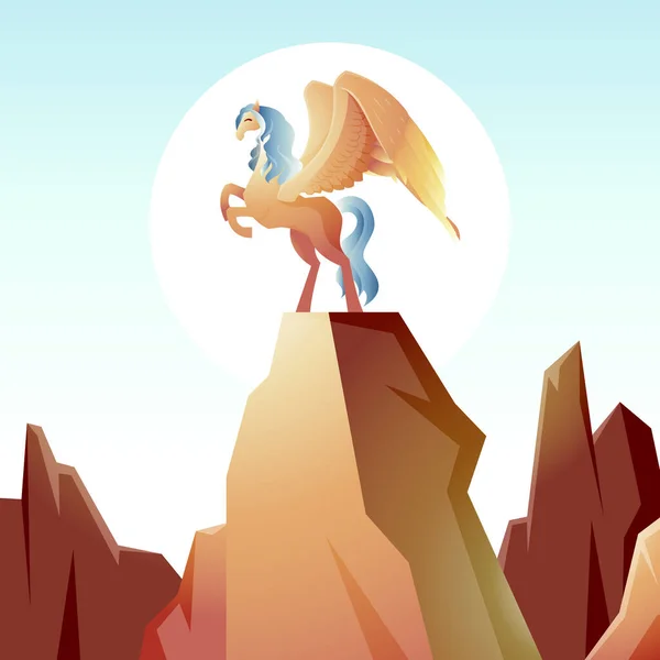 Vacker Pegasus Winged Horse Prancing Spread Wings Cliff Epic Illustration — Stock vektor