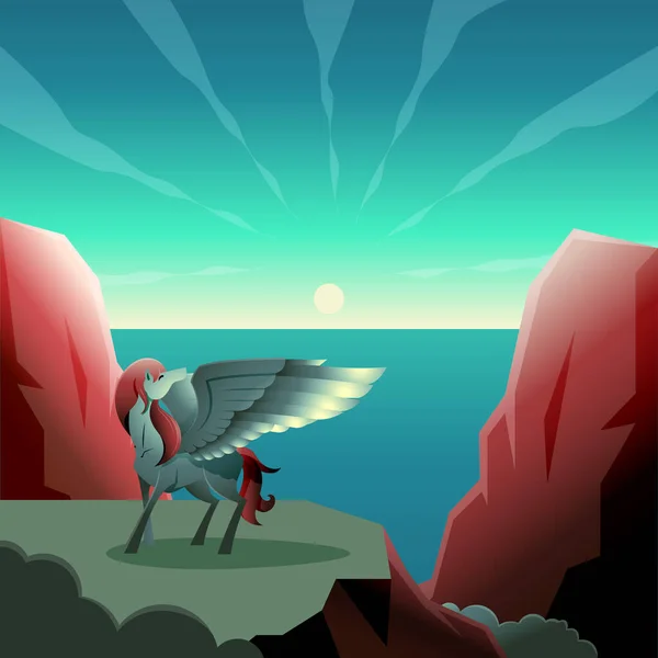 Indah Pegasus Winged Horse Lihat Kembali Cliff Epic Illustration - Stok Vektor