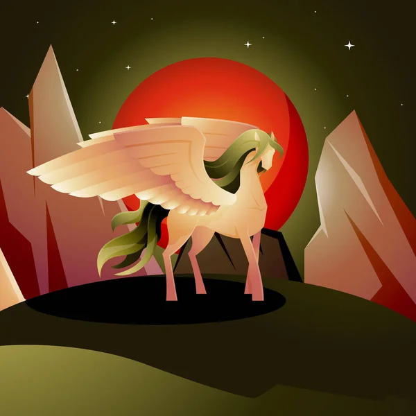 Indah Pegasus Winged Horse Spread Wings Red Moon Epic Illustration - Stok Vektor
