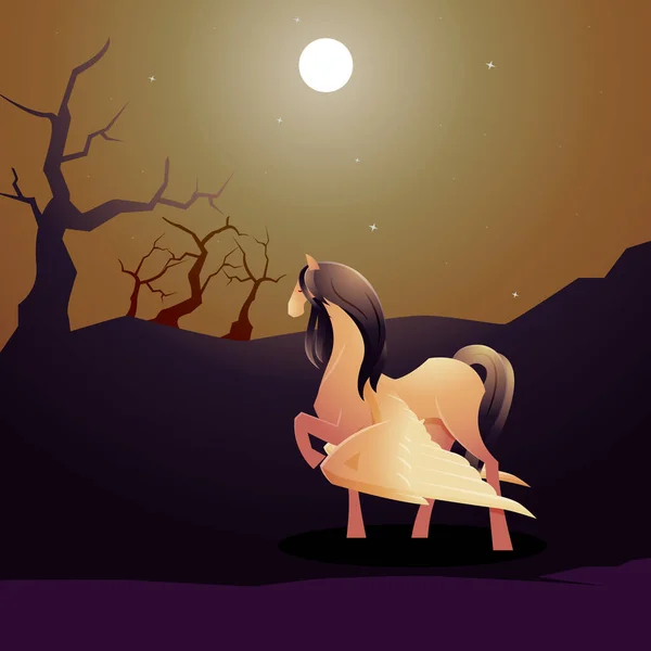 Indah Pegasus Winged Horse Walk Night Forest Moon Epic Illustration - Stok Vektor