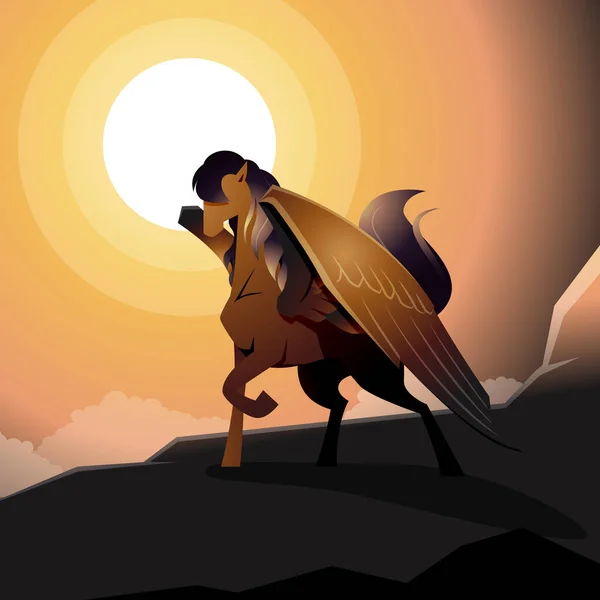 Dark Brown Pegasus Winged Horse Legendary Creature Epic Illustration - Stok Vektor