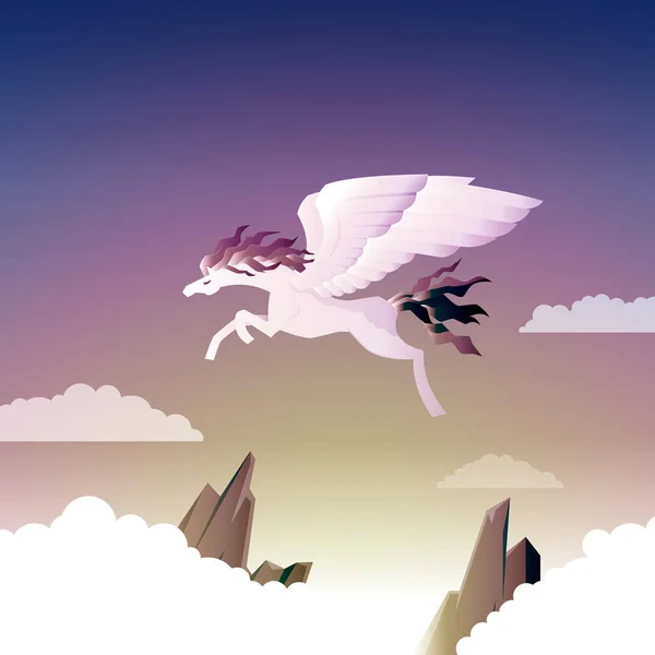 Indah Pegasus Sayap Kuda Terbang Atas Gunung Langit Epic Illustration - Stok Vektor