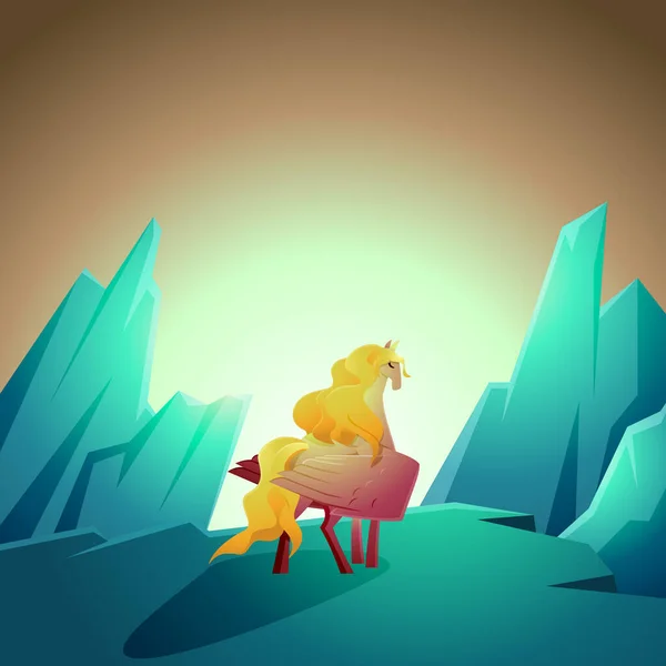 Indah Pegasus Winged Horse Menghadapi Matahari Terbit Gunung Cliff Epic - Stok Vektor