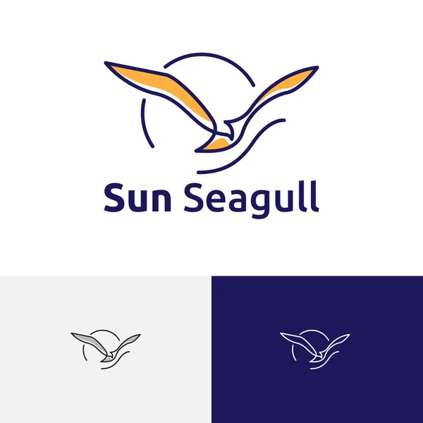 Sun Seagull Bird Flying Sea Beach Línea Naturaleza Logo — Vector de stock