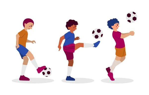 Boy Bermain Football Soccer Player Karakter Olahraga Terisolasi Stok Vektor