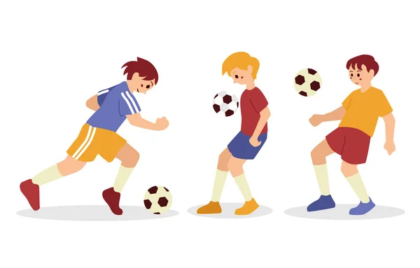 Boy Bermain Football Soccer Player Karakter Olahraga Terisolasi Stok Vektor Bebas Royalti