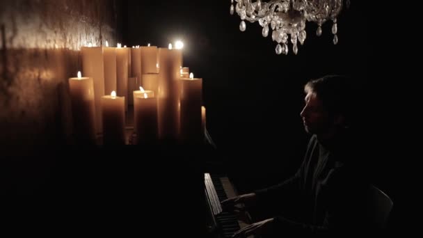 Pianist Plays Piano Many Candles Mystical Atmosphere Dark Background — Stock Video