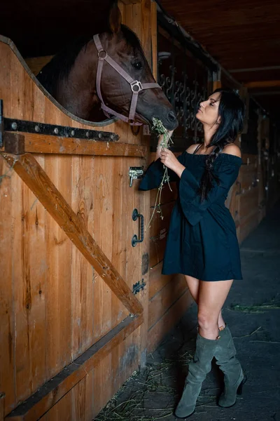 Menina Com Cabelo Preto Longo Campo Ipadrome Com Cavalos Paisagens — Fotografia de Stock