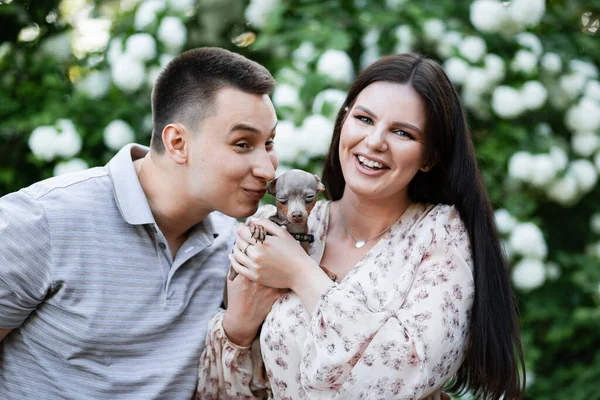 Feliz Pareja Ucraniana Parque Perro Pequeño Hermoso Ramo Tulipanes Frescura — Foto de Stock