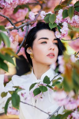 Parkta kiraz çiçeklerinin yanında poz veren genç bir esmer. Bahar havası