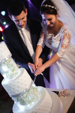 Hoş bir düğün çifti, mutlu bir gelin ve şık bir damat. Süslü büyük düğün pastası.