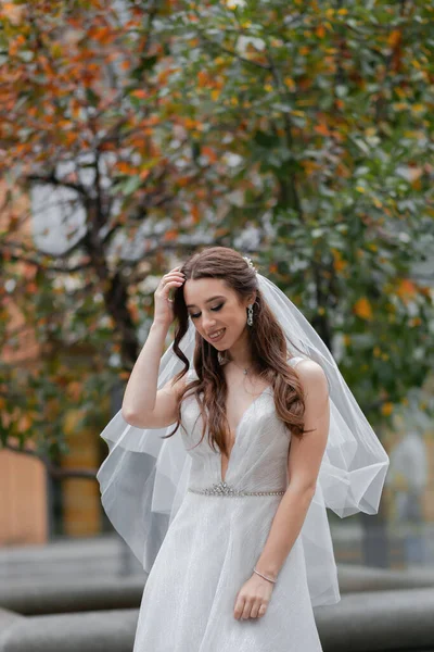 Junges Fröhliches Hochzeitspaar Eine Braut Mit Schleier Ein Charmanter Bräutigam — Stockfoto