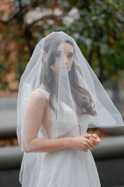 Casal Casamento Alegre Jovem Uma Noiva Com Véu Noivo Encantador — Fotografia de Stock