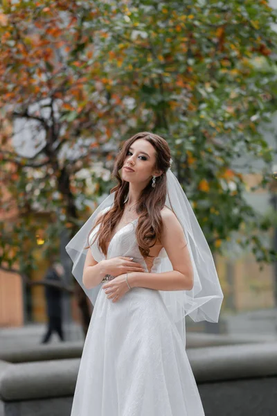 Joven Pareja Alegre Boda Una Novia Con Velo Novio Encantador —  Fotos de Stock