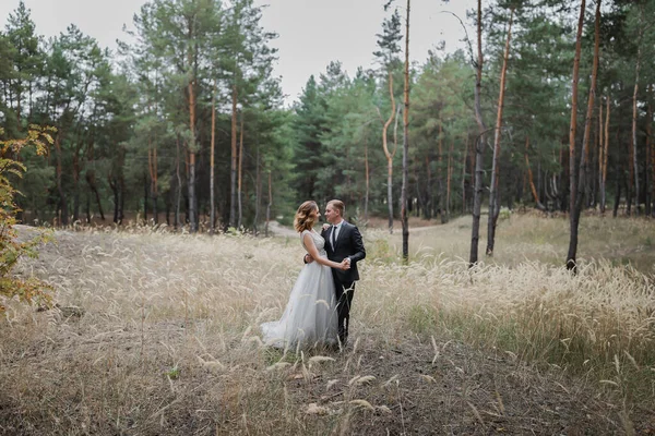 Parktaki Düğün Çifti Avrupa Görünümlü Zarif Bir Gelin Siyah Takım — Stok fotoğraf