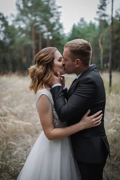 Pareja Bodas Parque Una Novia Elegante Aspecto Europeo Novio Traje — Foto de Stock