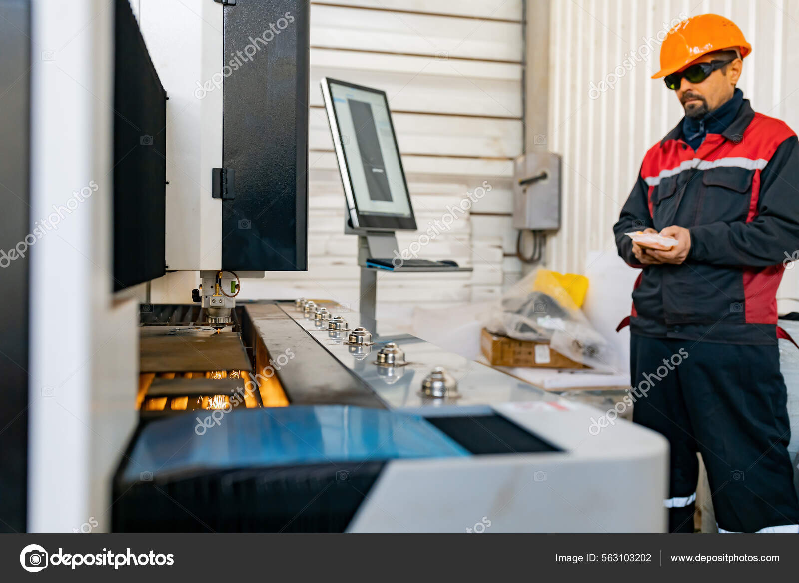 Laser Cutting Operator Worker Helmet Overalls Poses Production Shop