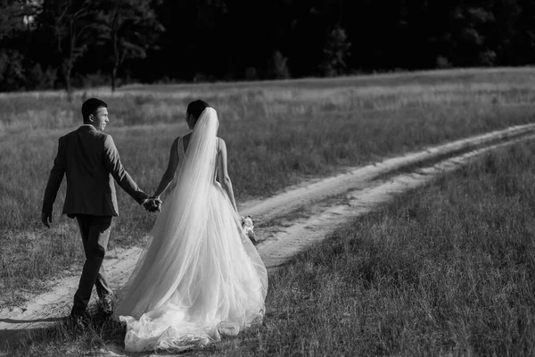 Casal Amor Floresta Para Uma Caminhada Noiva Tem Lindo Véu — Fotografia de Stock