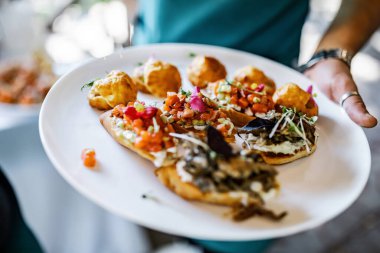 Garson elinde bir tabak abur cubur tutuyor, yakından. Yemek firması dışında.